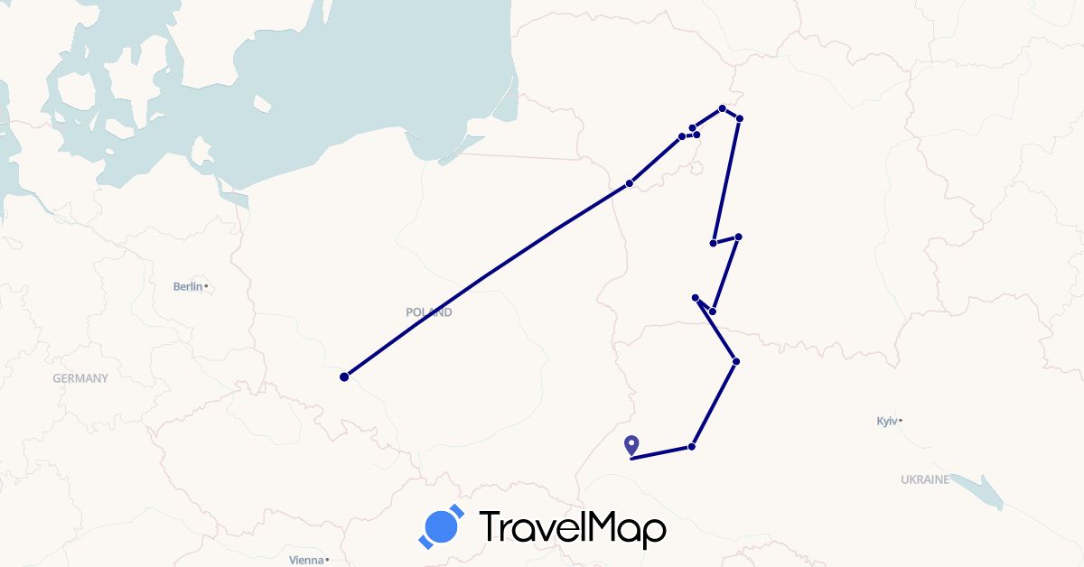 TravelMap itinerary: driving in Belarus, Lithuania, Poland, Ukraine (Europe)